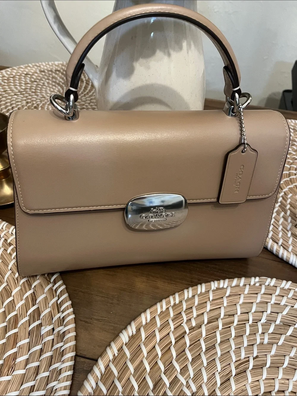 Coach Taupe Leather Top-Handle Satchel with Silver Hardware